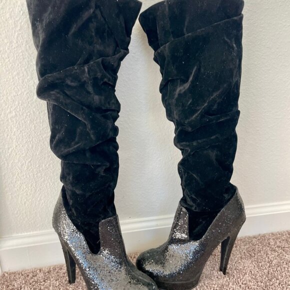 Michael Antonio knee Boots glitter faux suede Sz 5.5  Heels Baddie - Picture 11 of 12